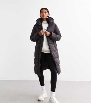  Grey Hooded Longline Puffer Coat