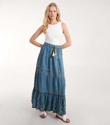 Blue Vanilla Pale Blue Cotton Embroidered Maxi Skirt