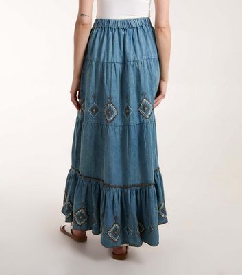 Blue Vanilla Pale Blue Cotton Embroidered Maxi Skirt New Look