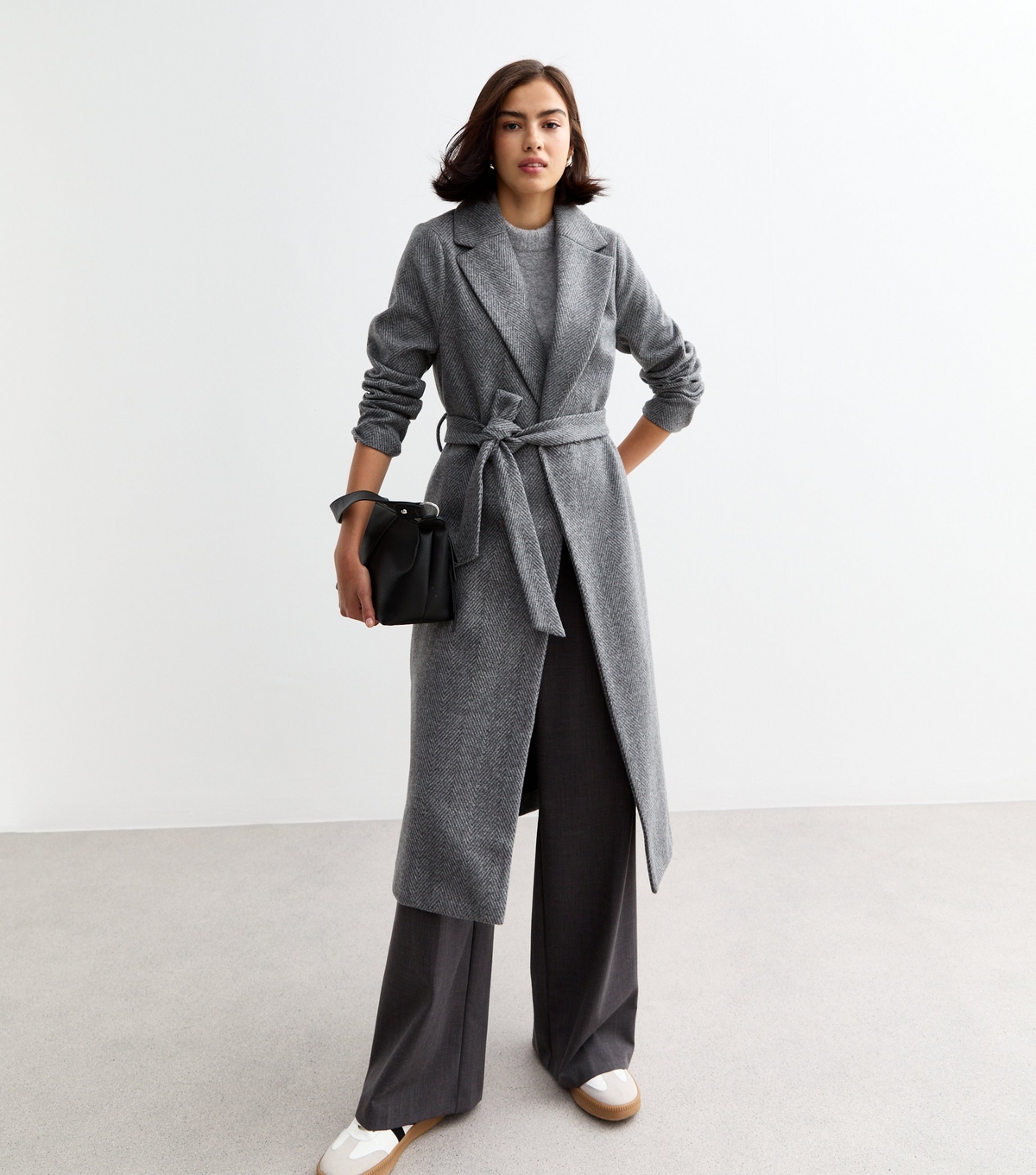 Women's Grey Herringbone Unlined Long Belted Coat New Look