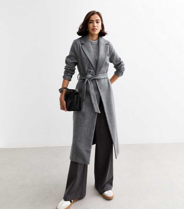 Grey Herringbone Unlined Long Belted Coat 