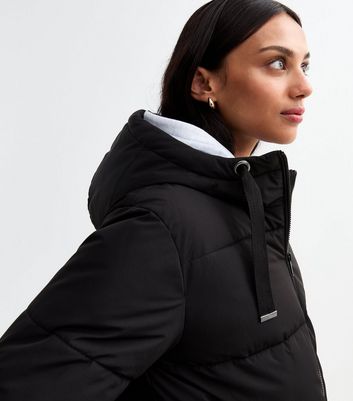 Black knee length puffer jacket best sale