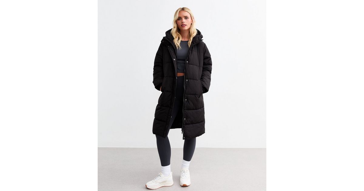 Petite Black Longline Hooded Puffer Coat New Look