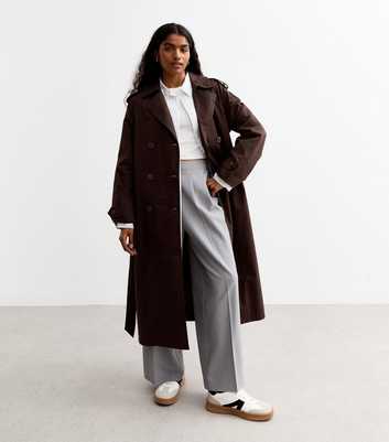 Petite Brown Double Breasted Cotton Trench Coat