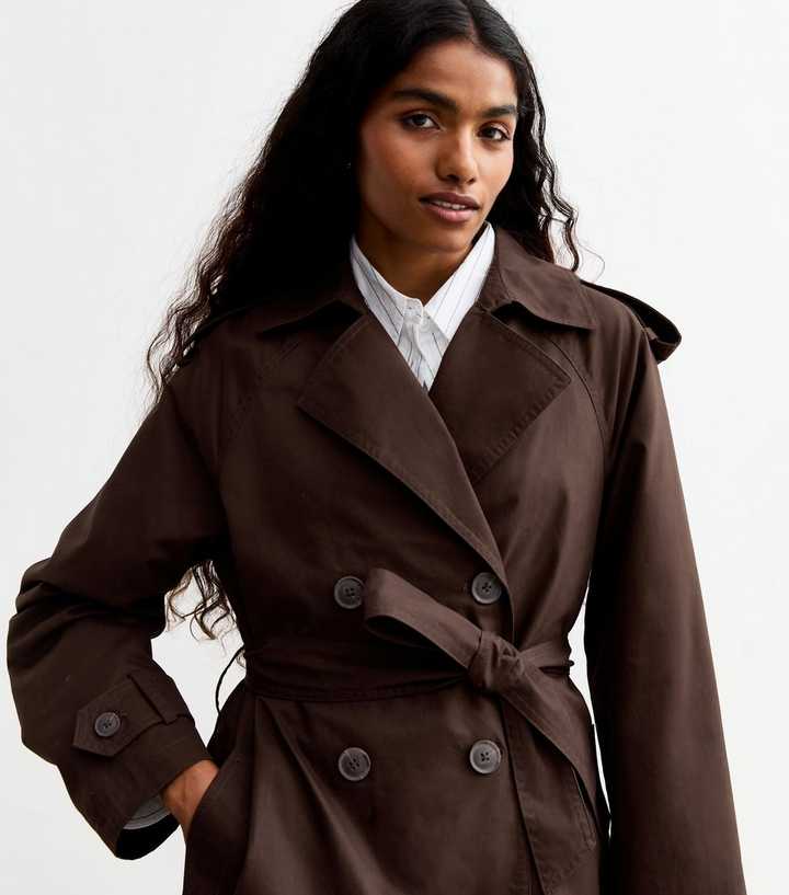 Petite Brown Double Breasted Cotton Trench Coat New Look
