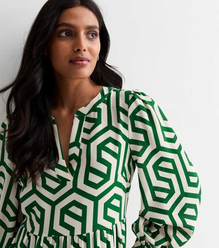 Gini London Green Abstract Print Long Sleeve Maxi Dress | New Look