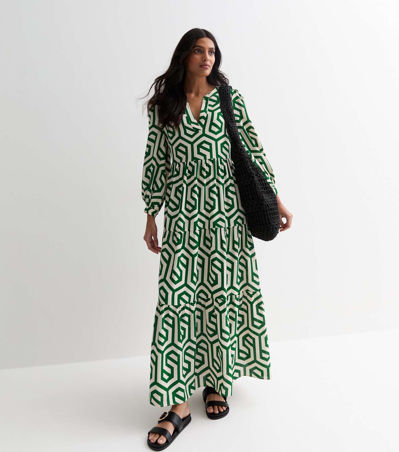 Gini London Green Abstract Print Long Sleeve Maxi Dress Image 3