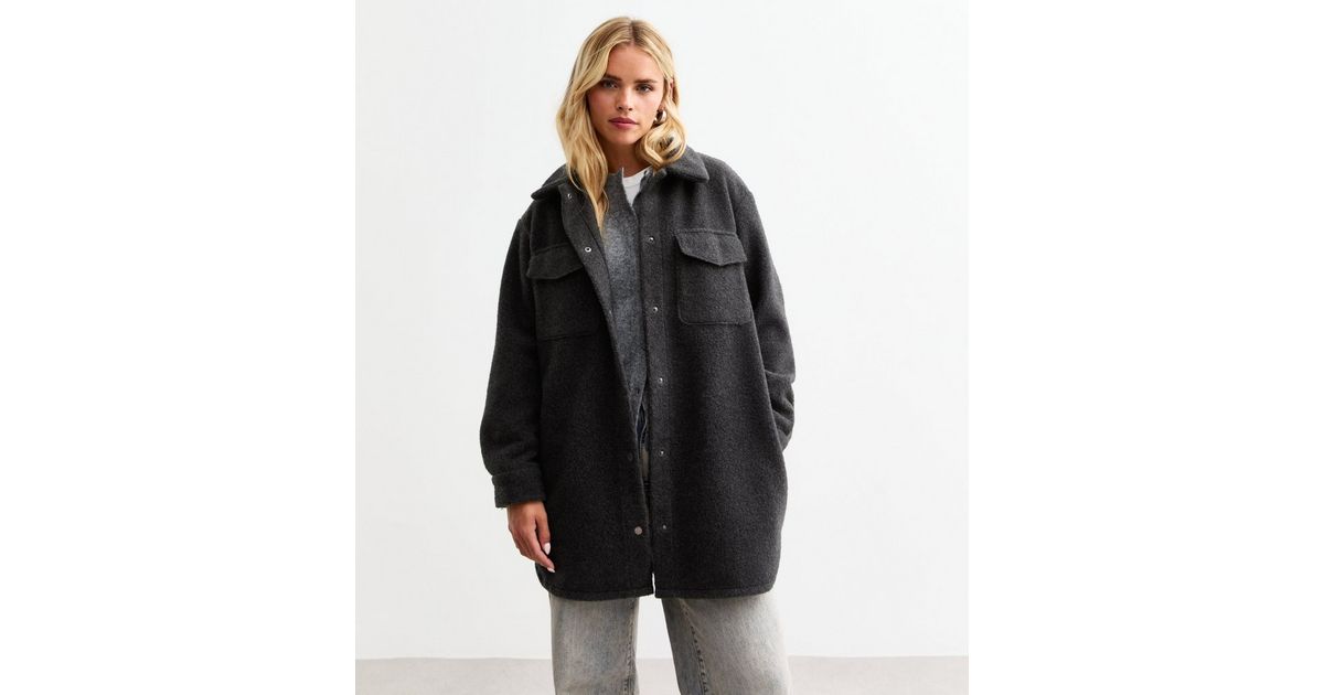 Petite Grey Felted Press Stud Shacket | New Look
