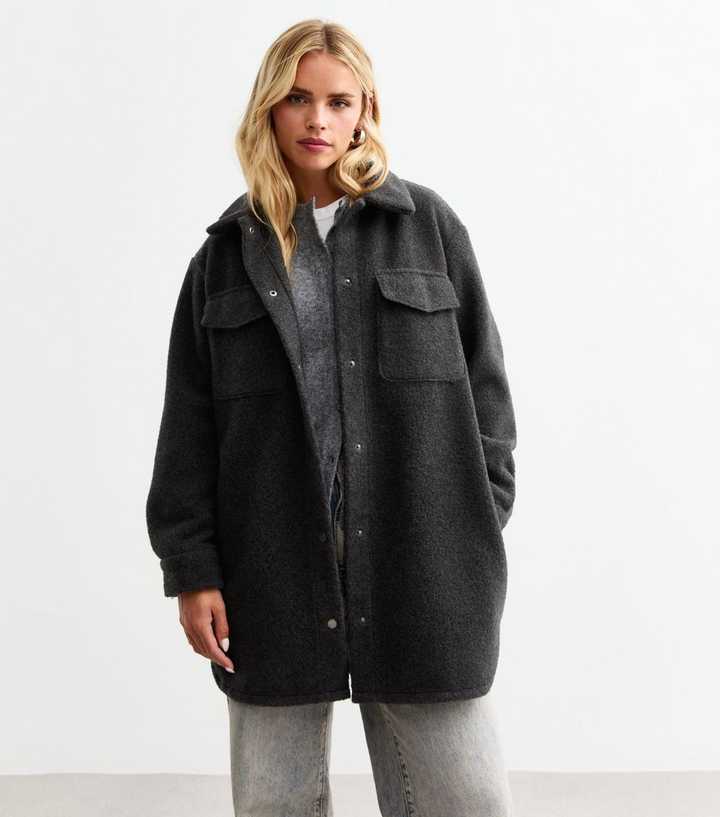 Petite Grey Felted Press Stud Shacket | New Look