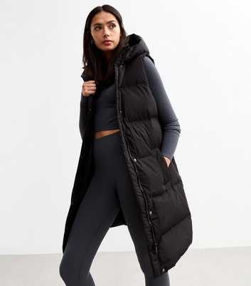 Tall Black Midi Hooded Puffer Gilet