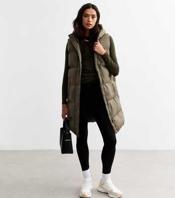 Tall Khaki Midi Hooded Puffer Gilet