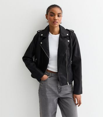 New look womens black leather jacket best sale