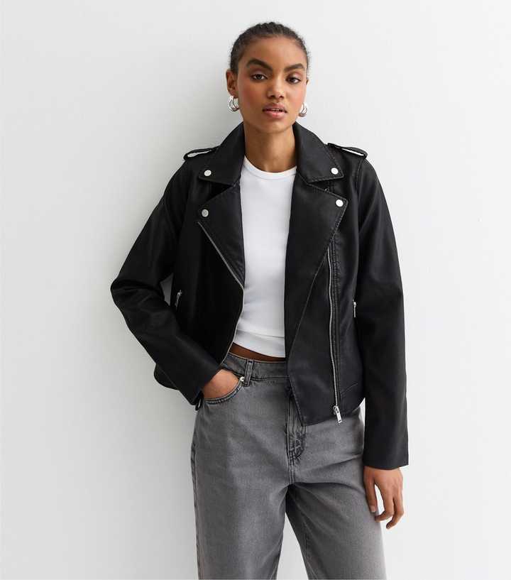 Tall Black Leather-Look Biker Jacket