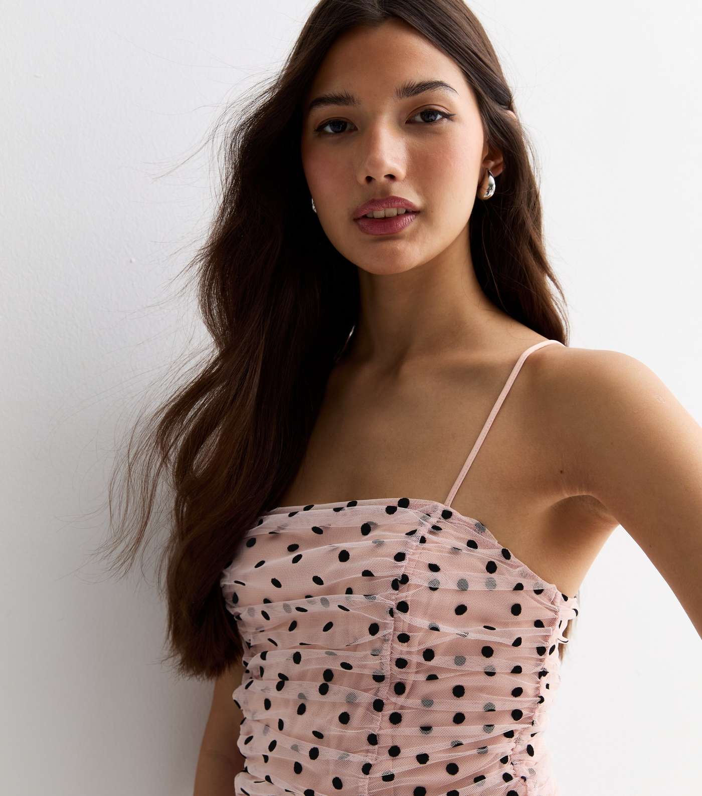 Pale Pink Spot Mesh Strappy Ruched Crop Top Image 2