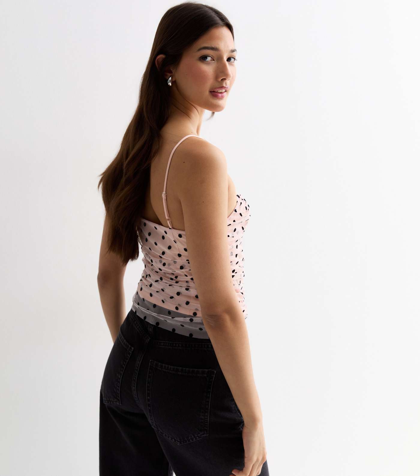 Pale Pink Spot Mesh Strappy Ruched Crop Top Image 4