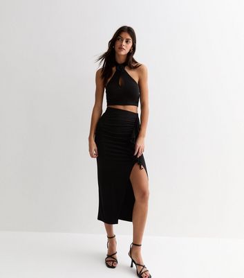 Black ruffle on sale hem midi skirt