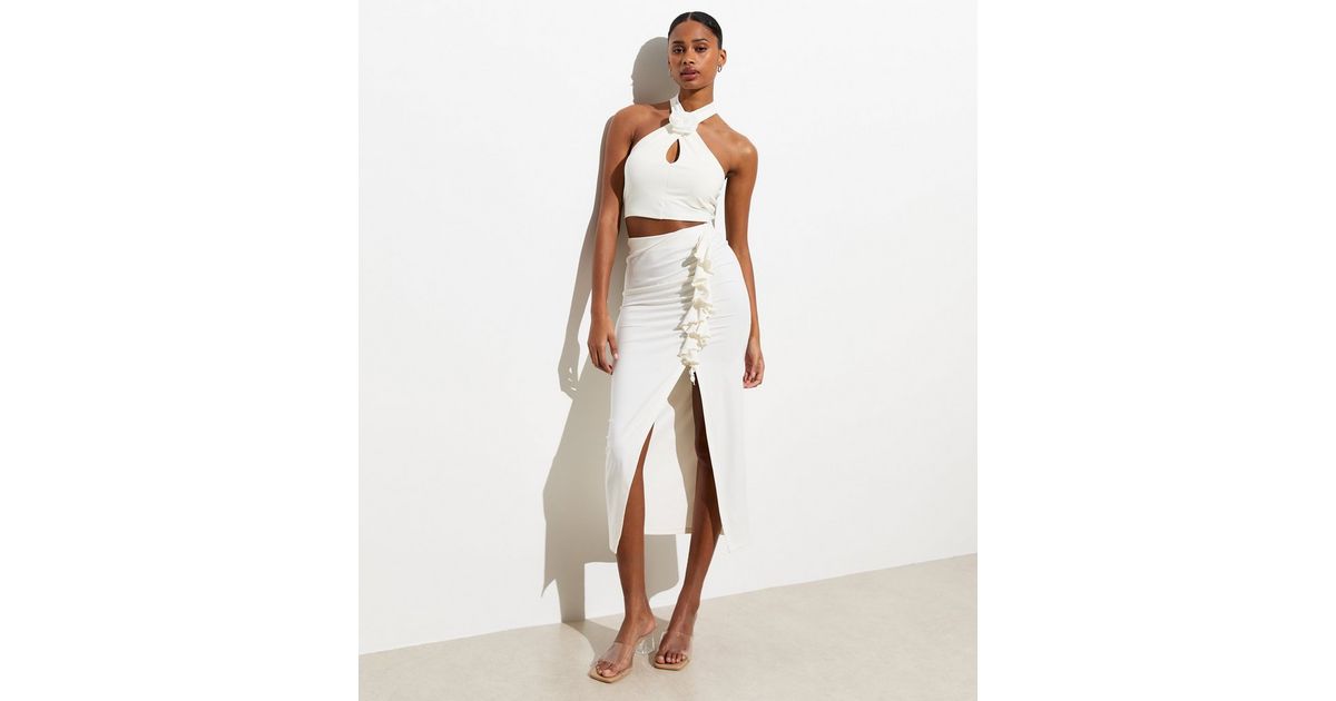 Off White Ruffle Split Hem Midi Skirt | New Look