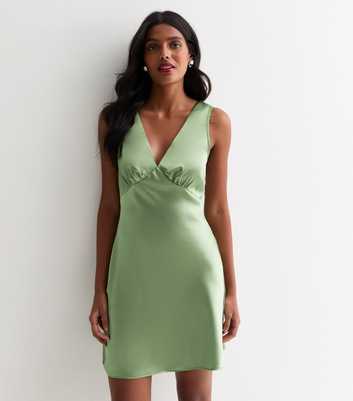 Olive Satin V Neck Sleeveless Mini Dress