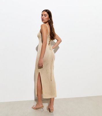 Gold Glitter Knit Lace Back Midi Dress New Look