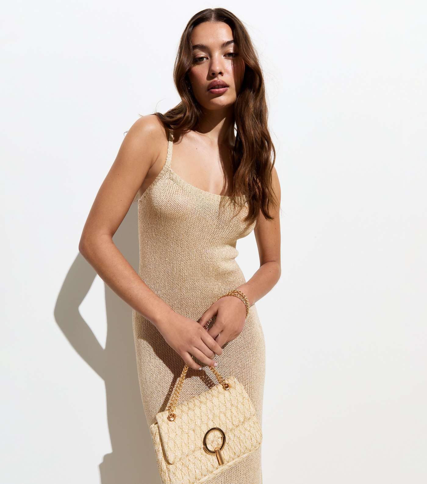 Gold Glitter Knit Lace Back Midi Dress Image 5