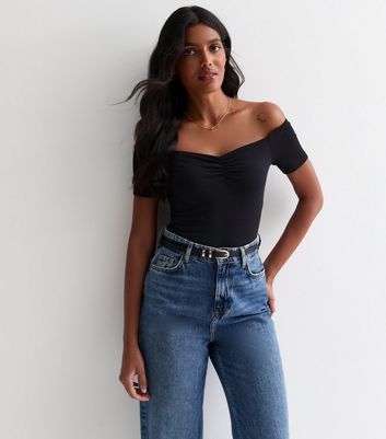 Black Ruched Front Bardot Bodysuit New Look