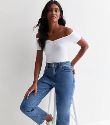 White Ruched Front Bardot Bodysuit New Look