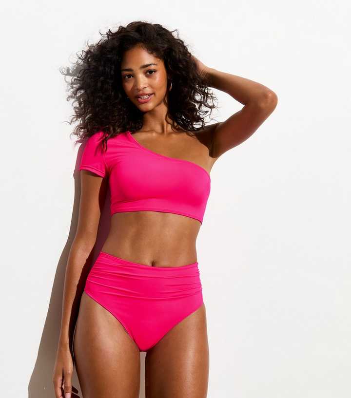 Gini London Neon Pink One-Shoulder Bikini Top 