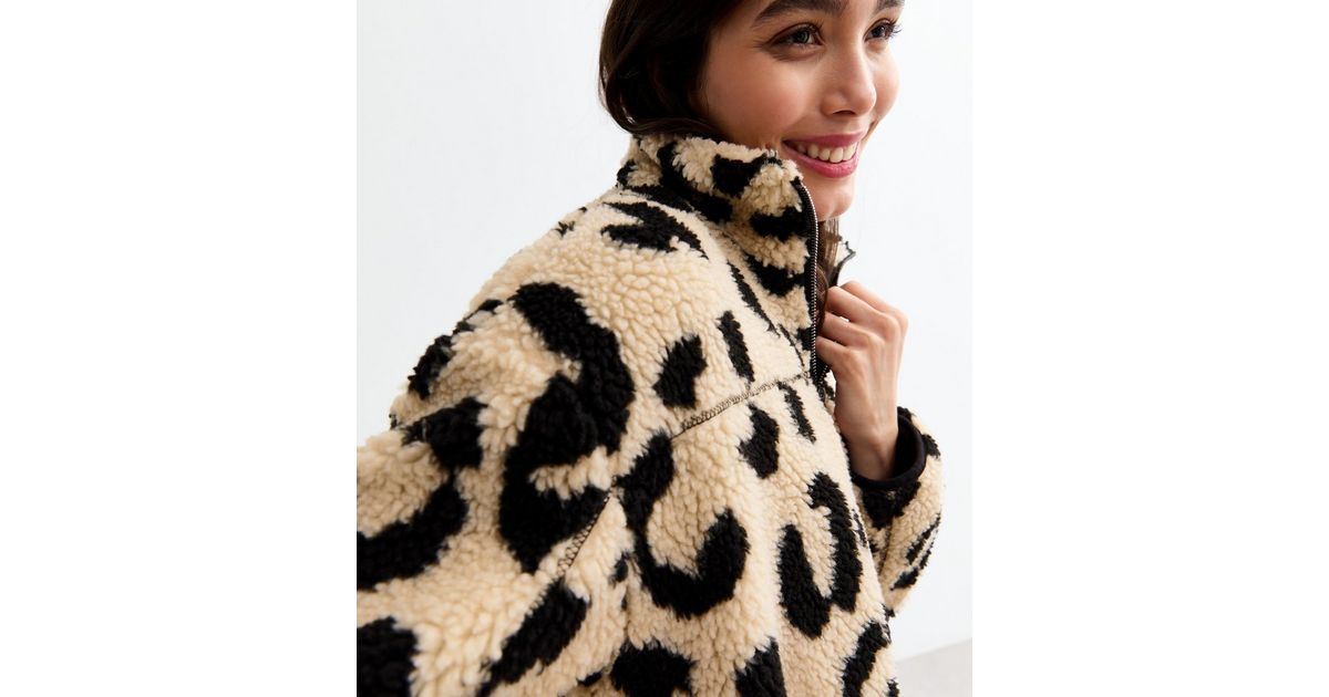 Cream Animal Print Zip Up Borg Jacket New Look