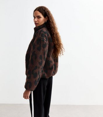 Brown Animal Print Zip Up Borg Jacket