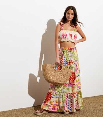 Multicoloured Abstract Print Tiered Cotton Maxi Skirt
