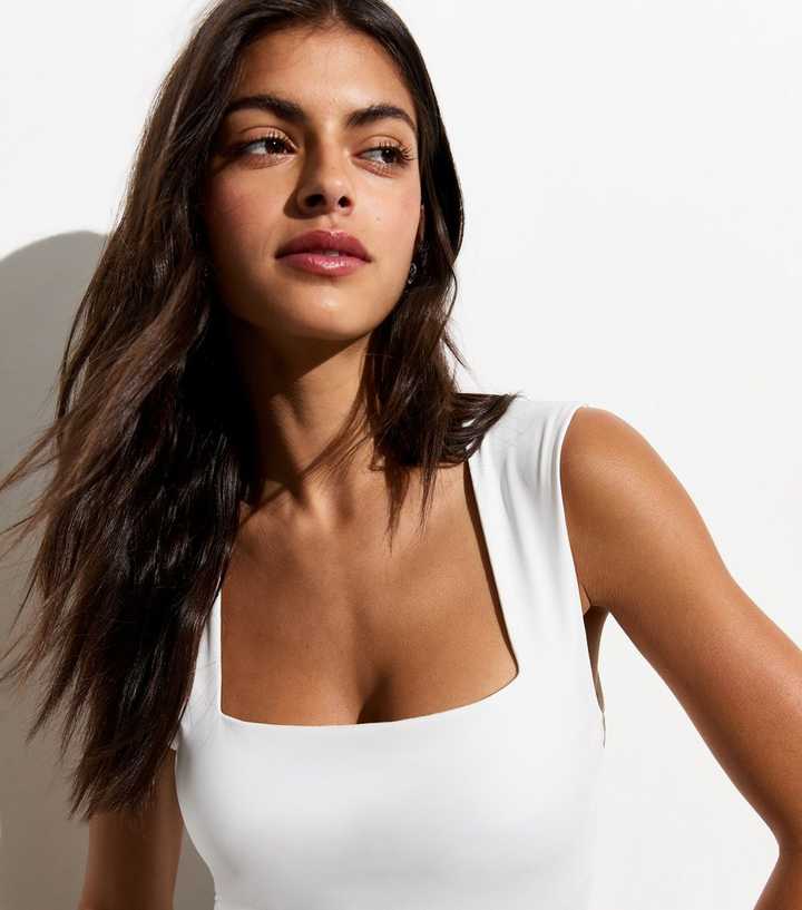 White Slinky Square Neck Thong Bodysuit