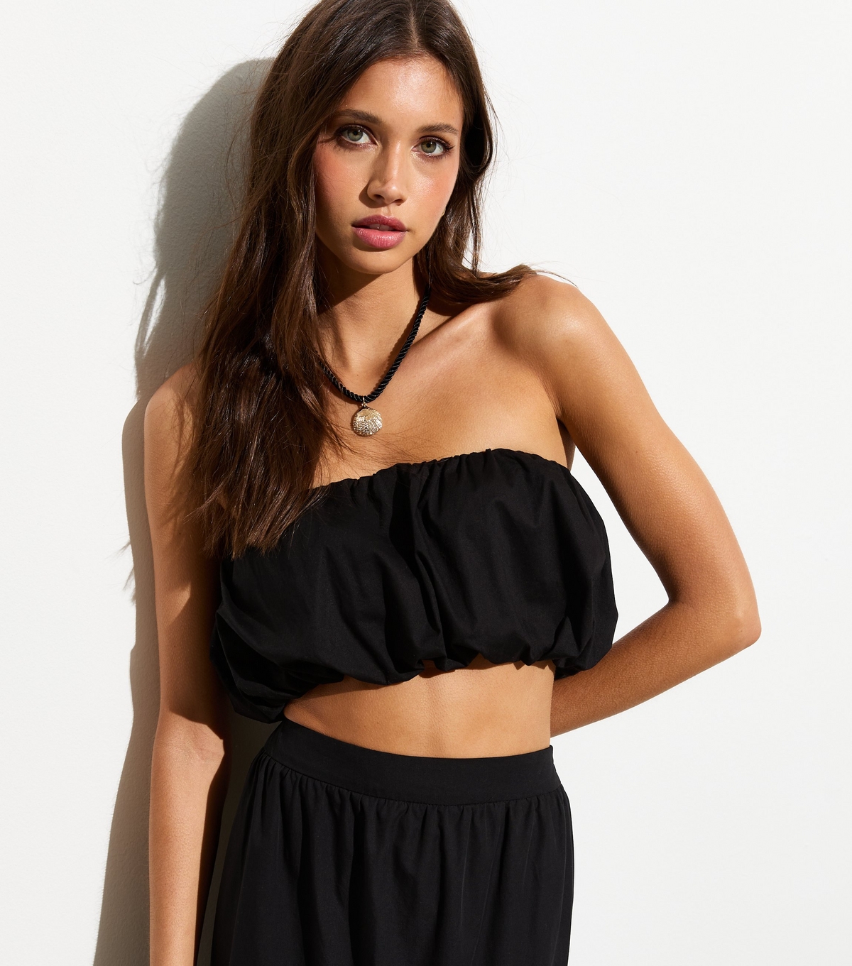 Women's Black Elasticated Cotton Poplin Puff Bandeau Top New Look