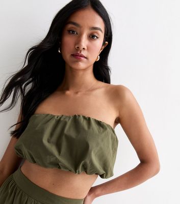 Khaki Elasticated Cotton Ruched Bandeau Top New Look