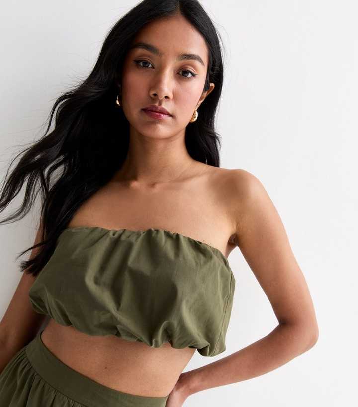 Khaki Elasticated Cotton Ruched Bandeau Top  