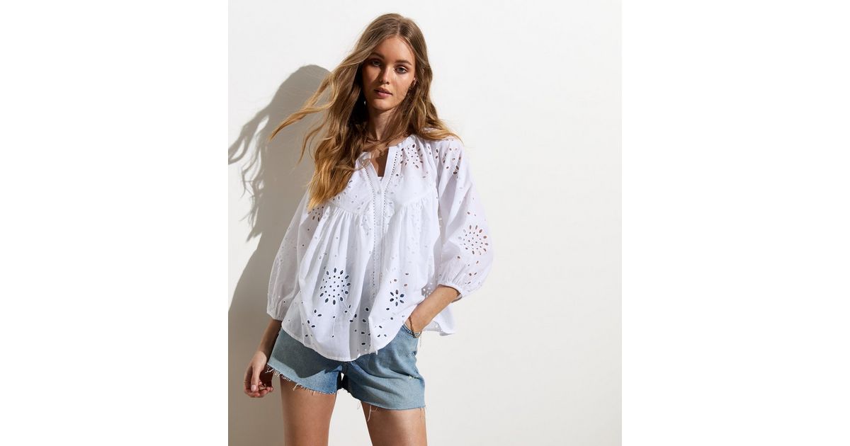 Tinta Style Paulova V Neck Broderie Anglaise Tiered Puff Sleeve Dress Off White