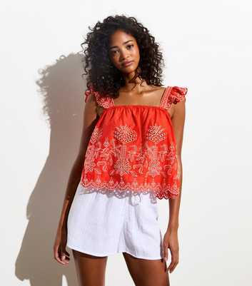 Red Cotton Floral Embroidered Sleeveless Top