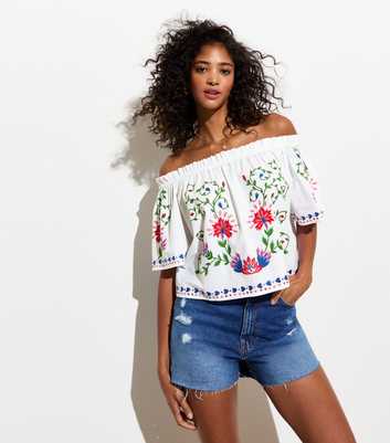 White Cotton Tropical Embroidered Off-The-Shoulder Top
