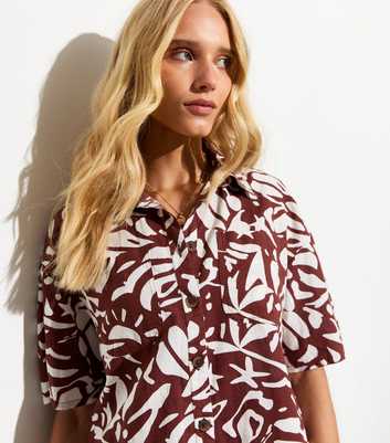 Brown Cotton-Linen Blend Abstract Print Resort Shirt