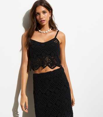 Black Strappy Crochet Cropped Cami Top 