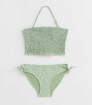 Girls Light Green Ditsy Floral Textured Bandeau Bikini Set