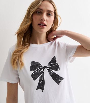 White Bow Print Cotton T-Shirt New Look