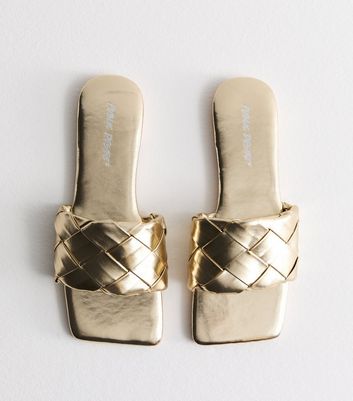 Public Desire Gold Woven Strap Mule Sandals New Look