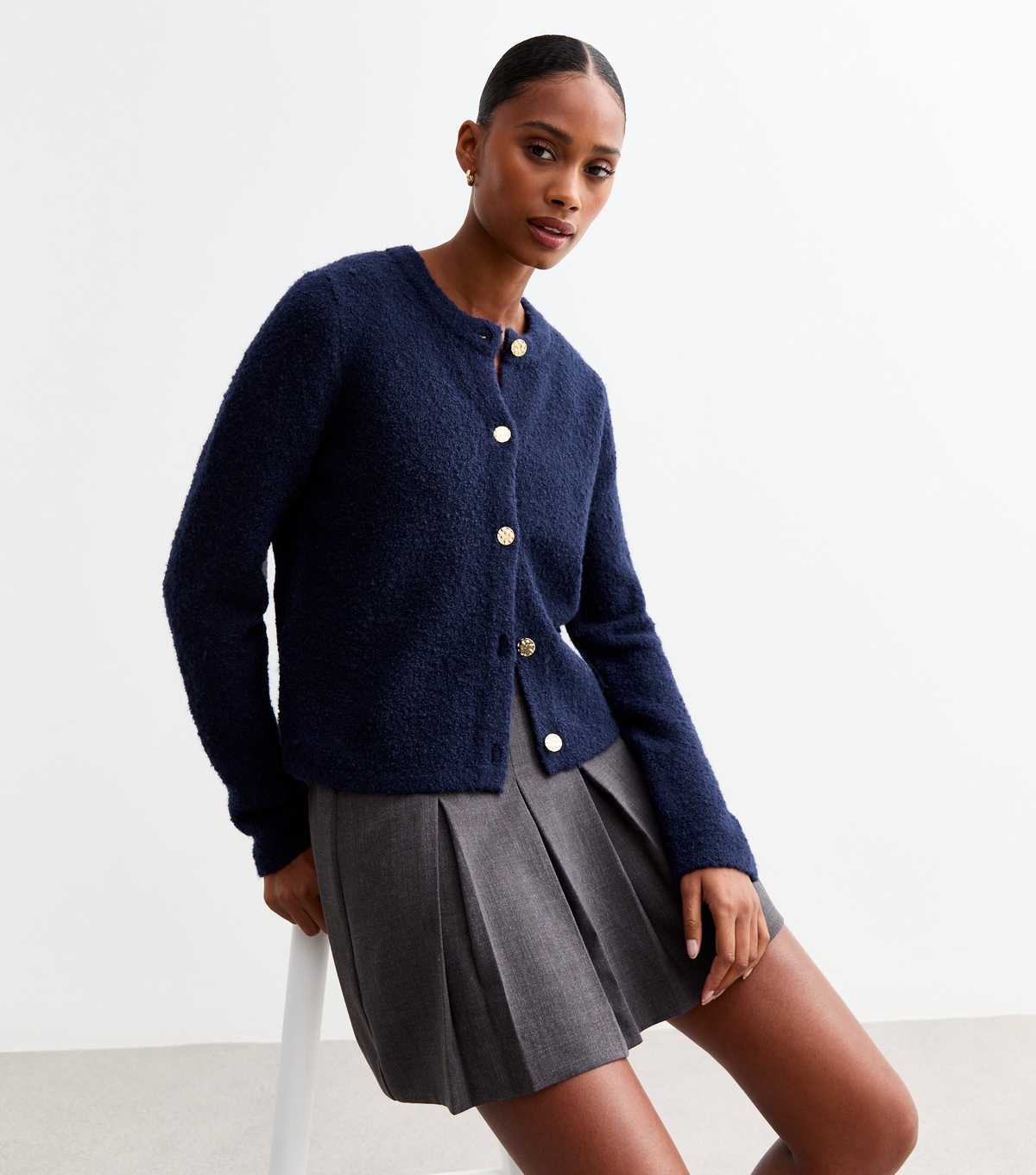 Women's Navy Buttoned Boucle Cardigan New Look