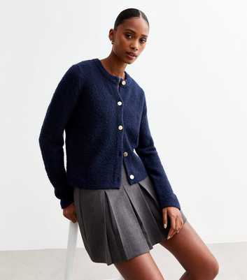 Navy Buttoned Bouclé Cardigan 