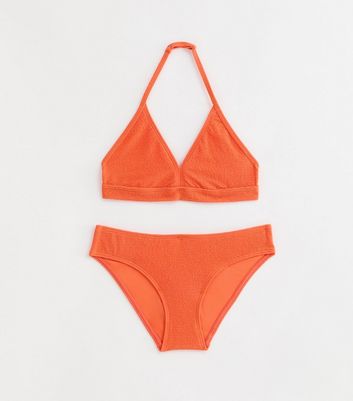 Girls Bright Orange Textured Triangle Bikini Set New Look