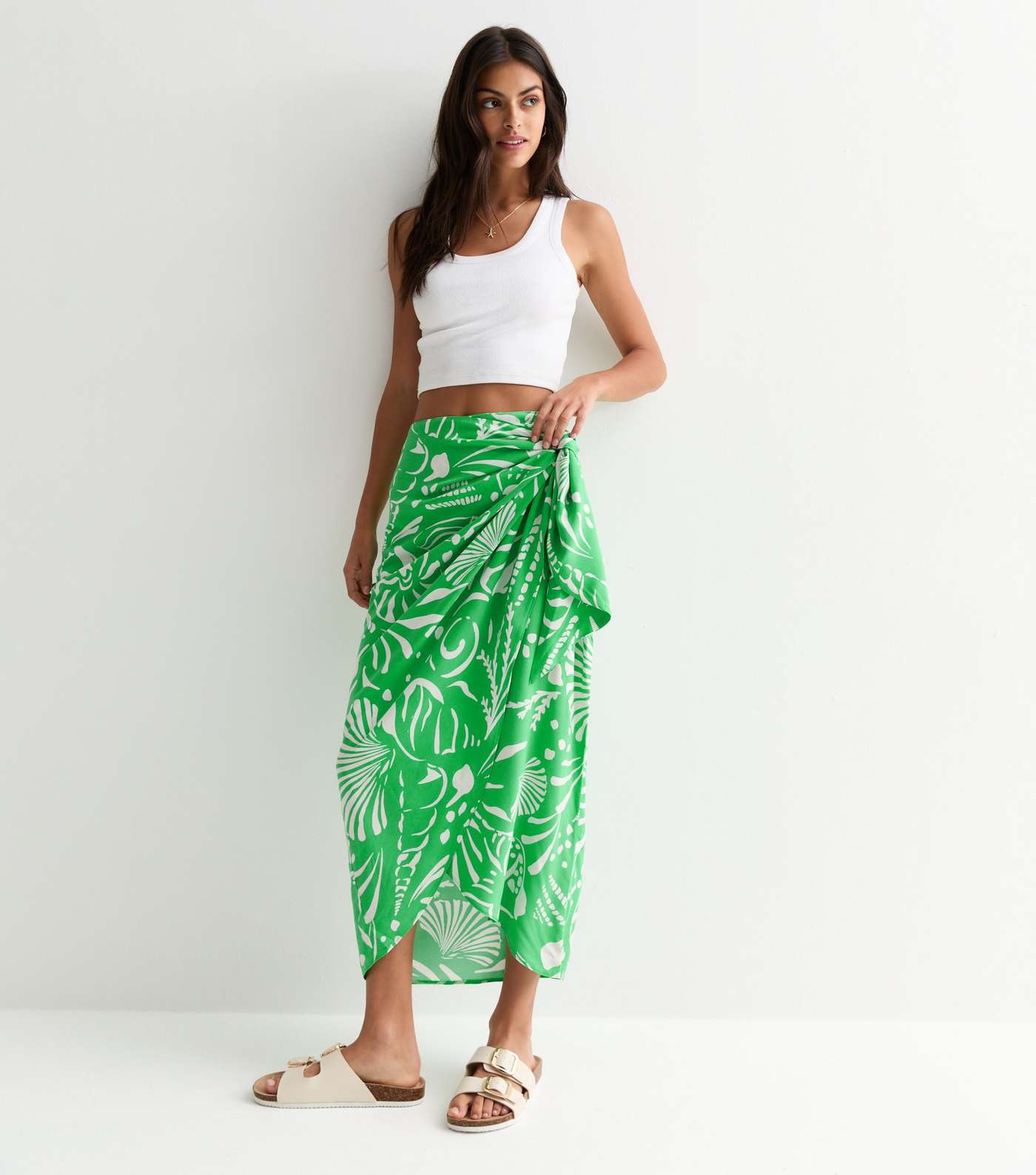 Green Shell Print Sarong Midi Skirt Image 2