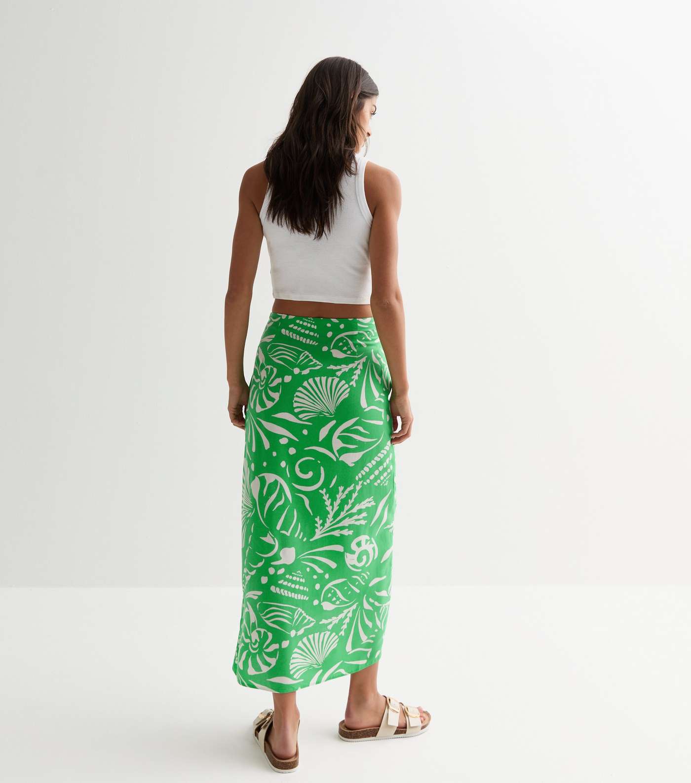 Green Shell Print Sarong Midi Skirt Image 4