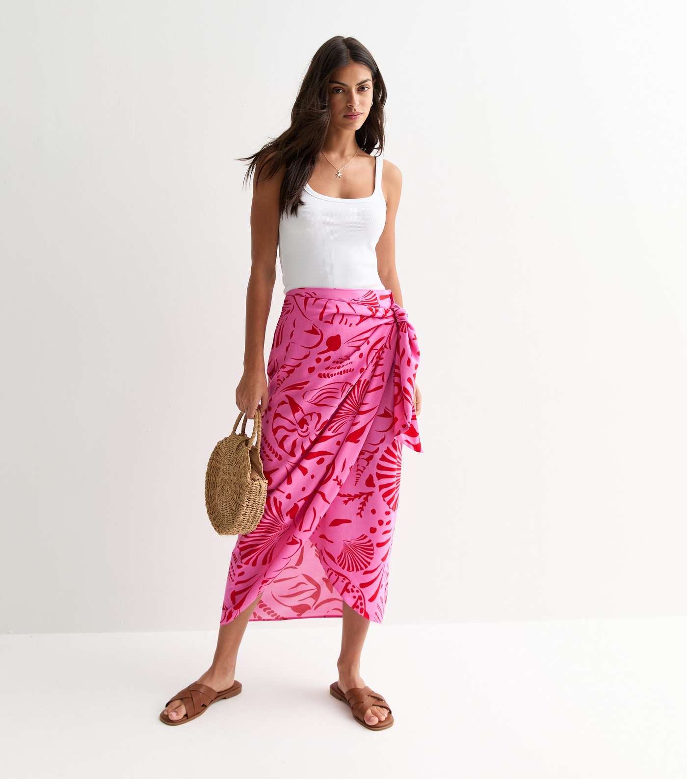 Pink Shell Print Sarong Midi Skirt Image 2