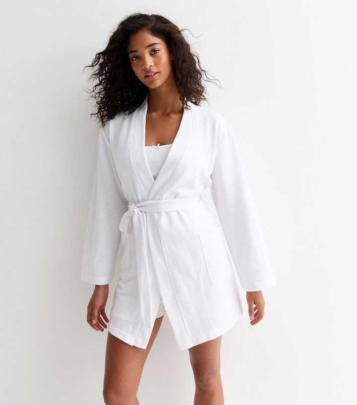 White Waffle Knit Cotton Blend Dressing Gown