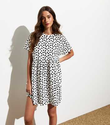 White Spot Short Sleeve Smock Cotton Mini Dress
